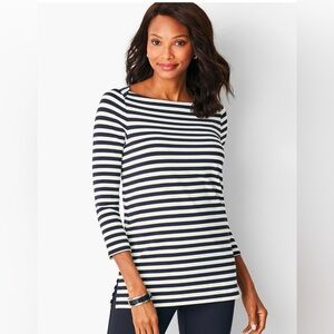 ❤️2/$15 or 3/$21❤️ Talbots Black/White Striped 3/4 Sleeves Jersey Tunic Top